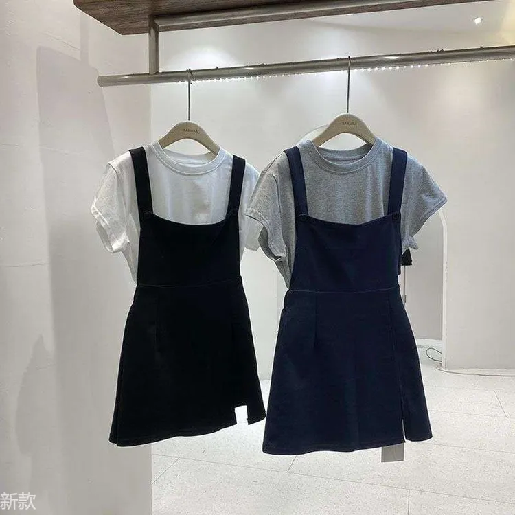 时尚套装女小个子内搭休闲圆领短袖T恤夏季背带裙A字连衣裙两件套
