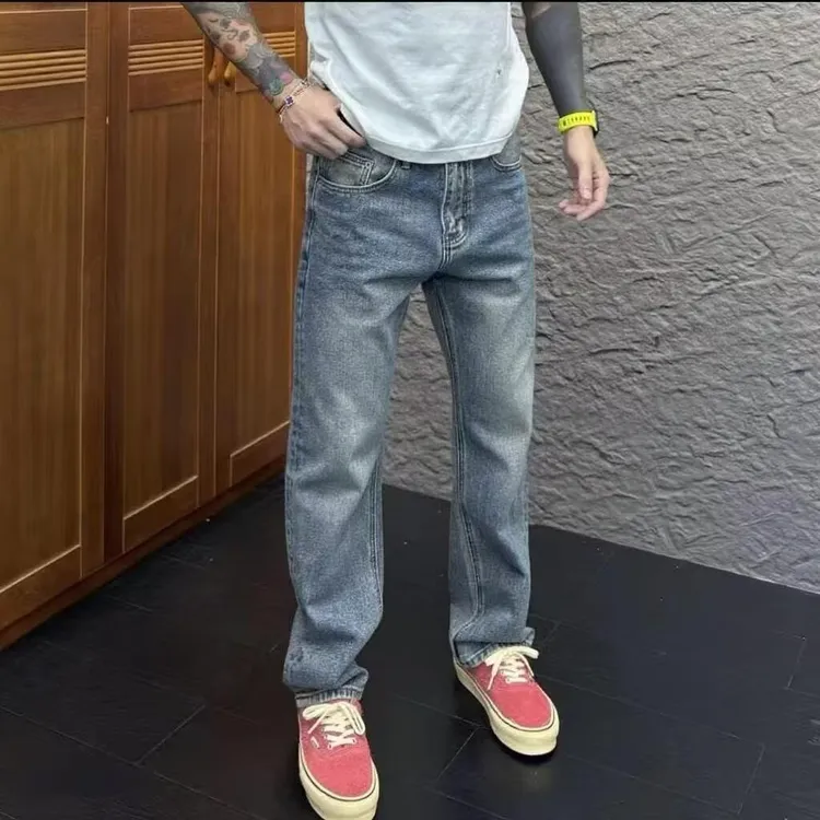 爆款简约蓝色男士牛仔裤新款秋冬水洗复古休闲直筒裤长裤加绒加厚