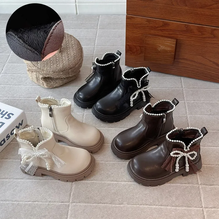 女童公主靴2025冬季新款儿童加绒保暖靴小女孩蝴蝶结软底公主短靴