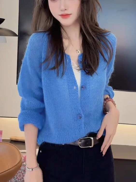 韩版INS极简风蓝色针织衫2025秋季新品女装时尚休闲百搭开衫外套
