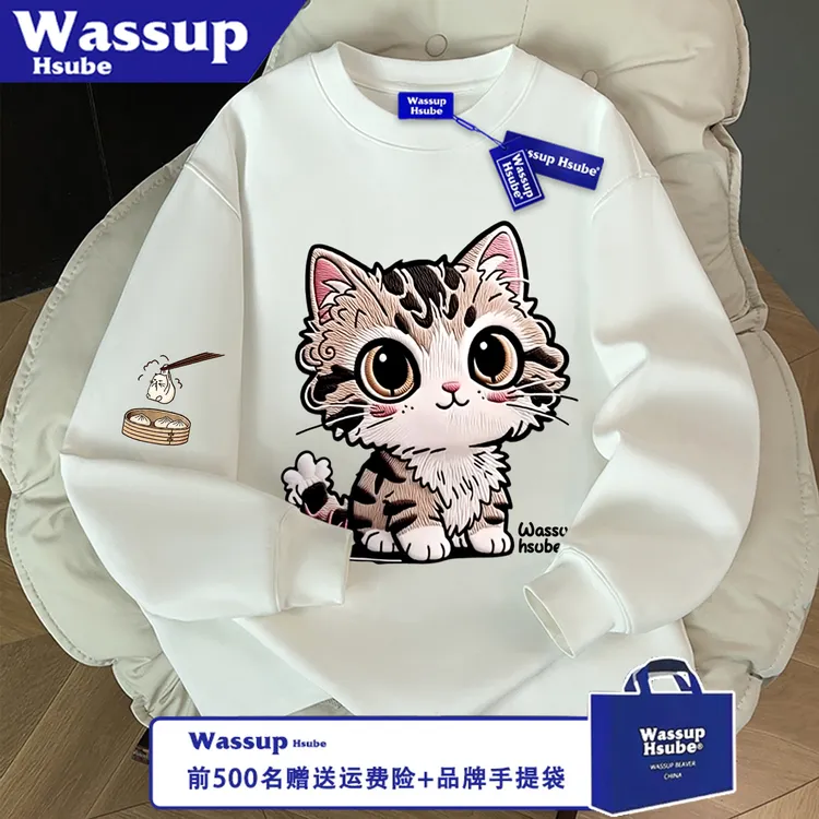 WASSUP HSUBE潮流长袖百搭秋冬猫咪艺术包子宽松圆领印花情侣上衣
