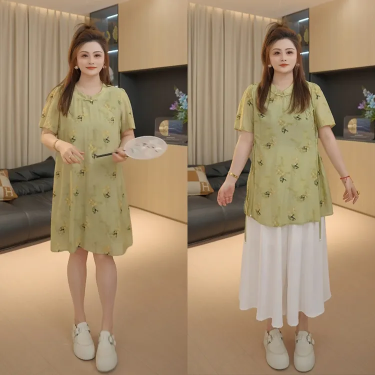 【胖佳佳】现货~折扇 新中式盘扣印花衬衫旗袍裙休闲裙裤H625Z10040