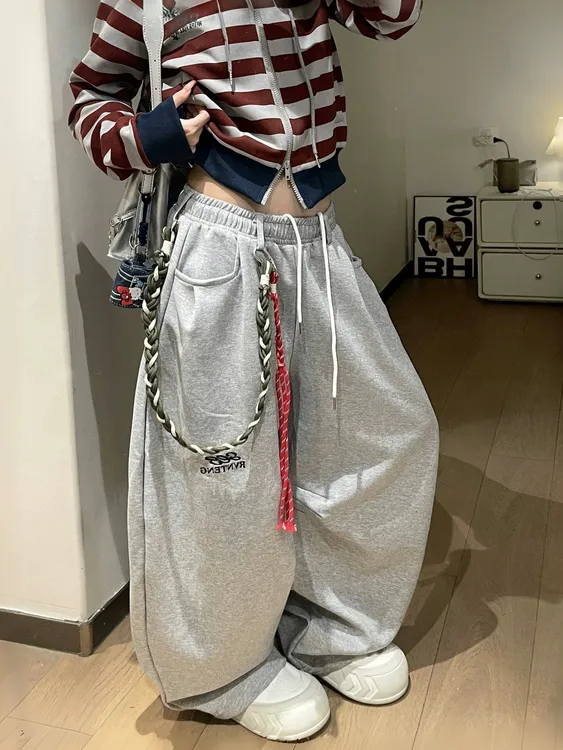 配腰绳设计感灰色弯刀卫裤女宽松阔腿美式休闲运动爵士舞拖地长裤