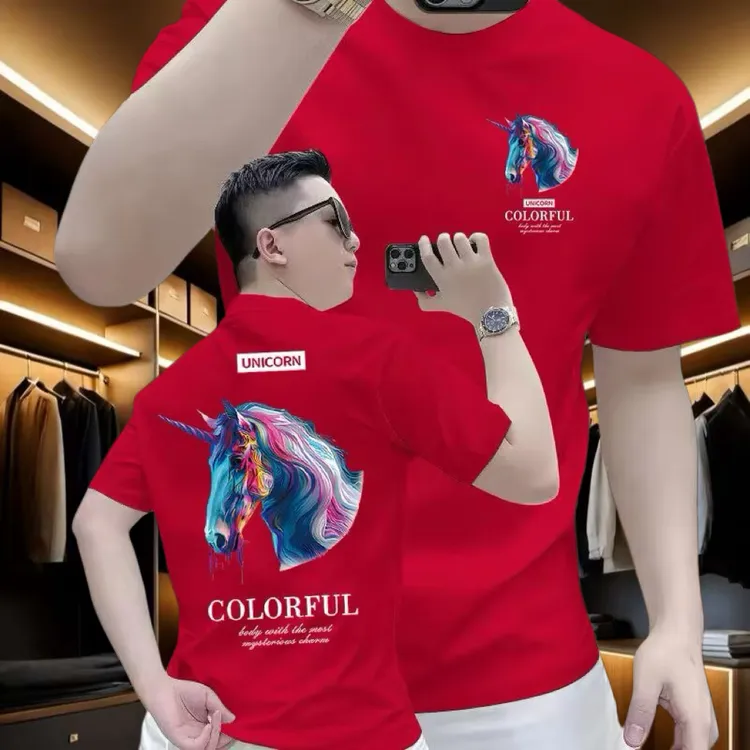 男士马年本命年纯棉红色短袖圆领潮流骏马印花T恤