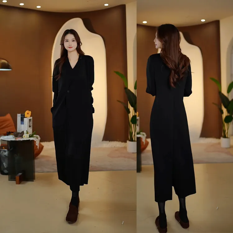 QD82279长款宽松遮肉显瘦简约时尚连衣裙秋冬新款V领气质裙子女