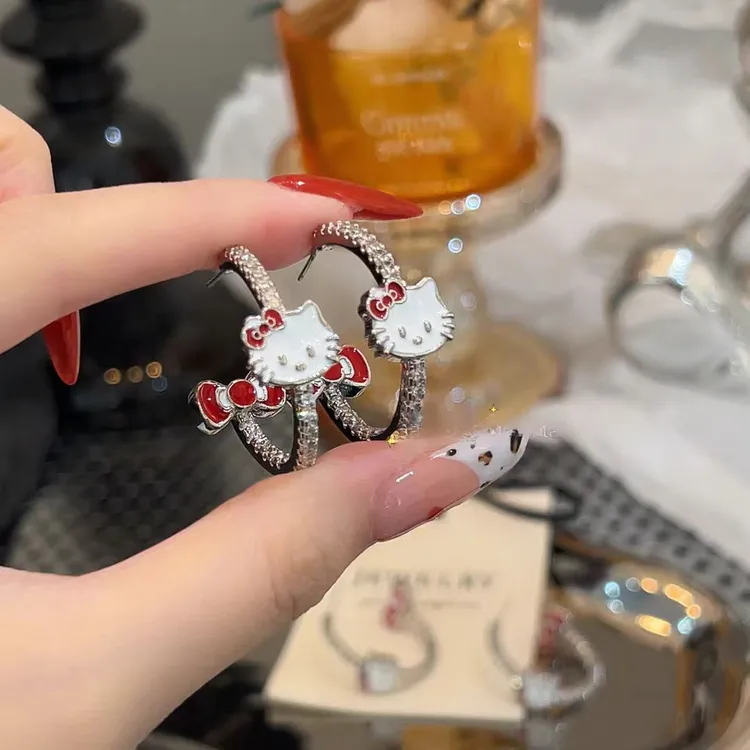 韩国ins风KT猫滴油蝴蝶结耳圈耳环可爱韩系闪钻耳钉精致饰品配饰