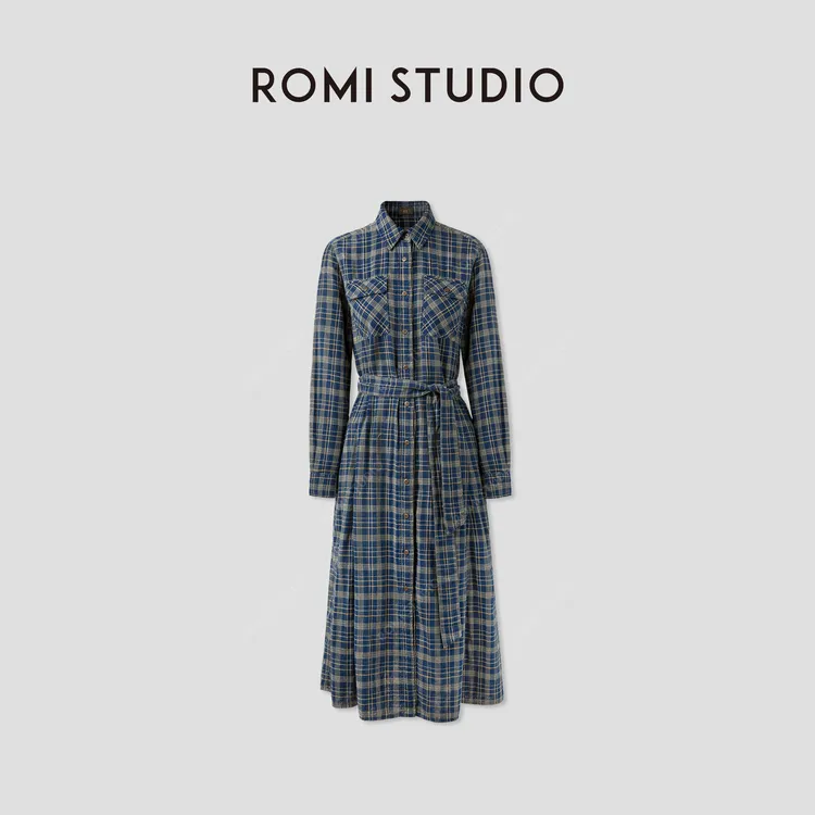 ROMI STUDIO双层色织格纹纱复古洗水腰带长袖连衣裙 RWCALY5365