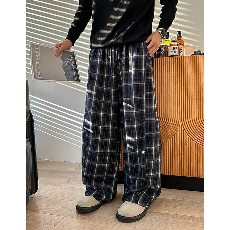 【秋季老钱风】【高奢绒感格子面料】阔腿弯刀宽松舒适直筒休闲裤男