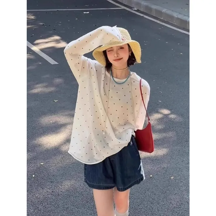 白色波点长袖针织t恤女初秋薄款外穿松弛感宽松防晒罩衫慵懒上衣