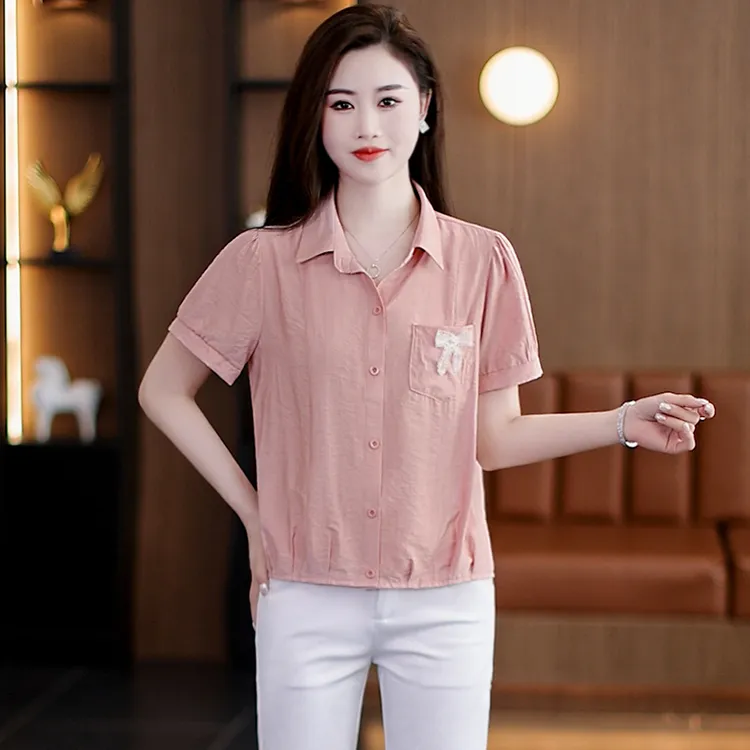 韩版薄款口袋洋气短袖小衫女2025夏季新款拼接短款衬衫上衣衬衣潮