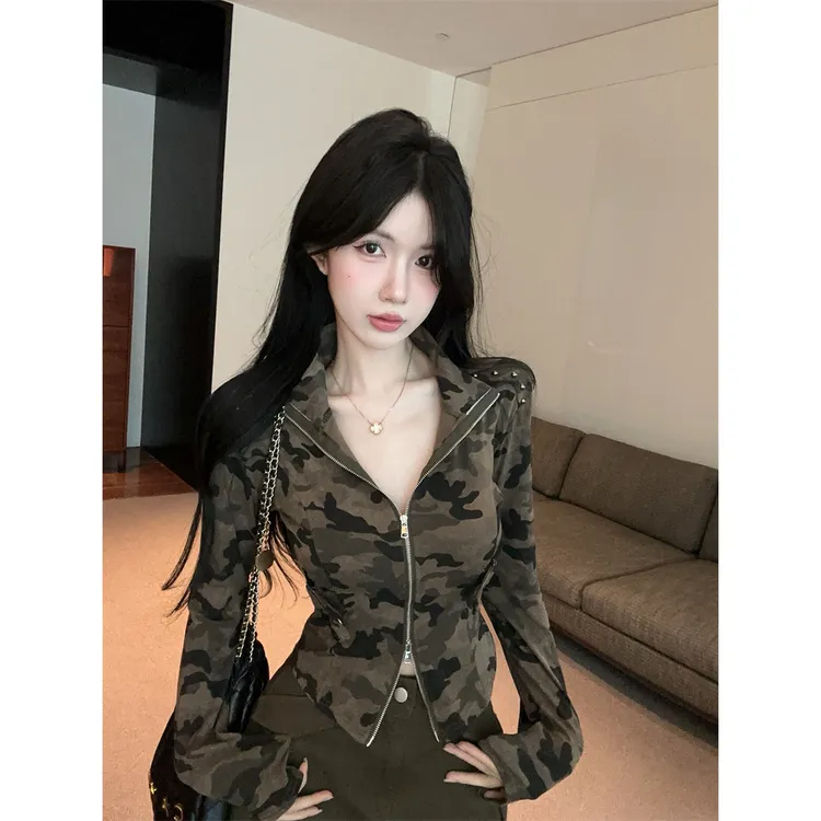 美式复古高街双拉链迷彩工装短外套女辣妹铆钉设计感立领长袖上衣
