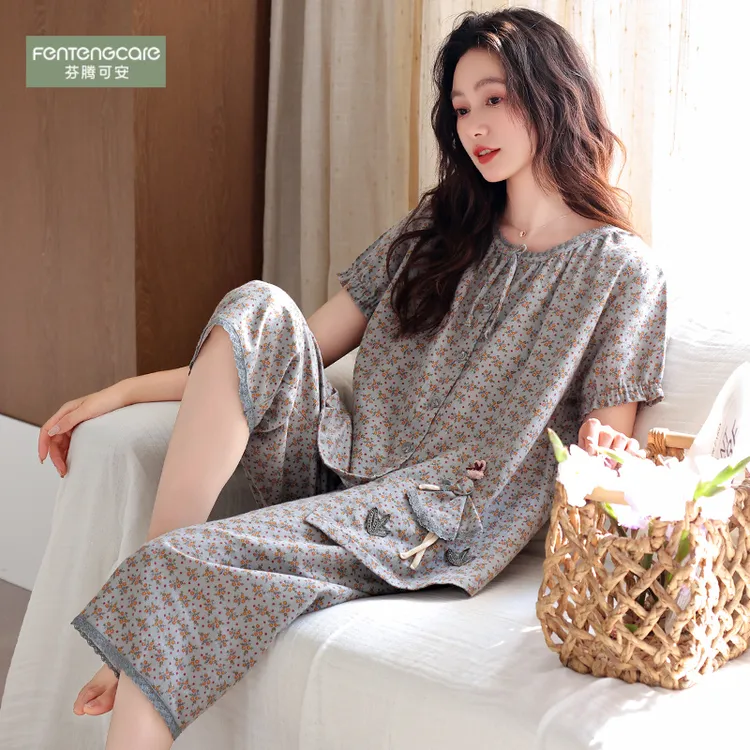 芬腾可安妈妈睡衣女纯棉夏薄款短袖七分裤中老年人婆婆全棉家居服