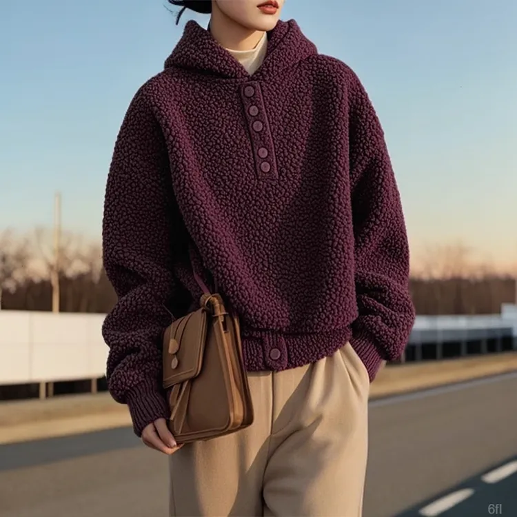 咖色连帽羊羔毛毛绒卫衣加绒加厚女款秋冬小个子超好看摇粒绒上衣