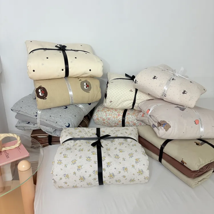 花西夫人A类针织全棉ins卡通印花小众天竺棉裸睡必备软糯三四件套