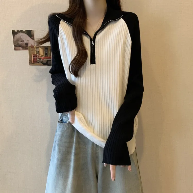 加厚半拉链高领毛衣女春秋大码针织打底衫胖妹妹显瘦欧货正肩上衣
