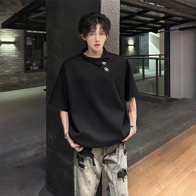 黑色不规则折领垫肩t恤男款夏季金属装饰翻领短袖美式高街polo衫