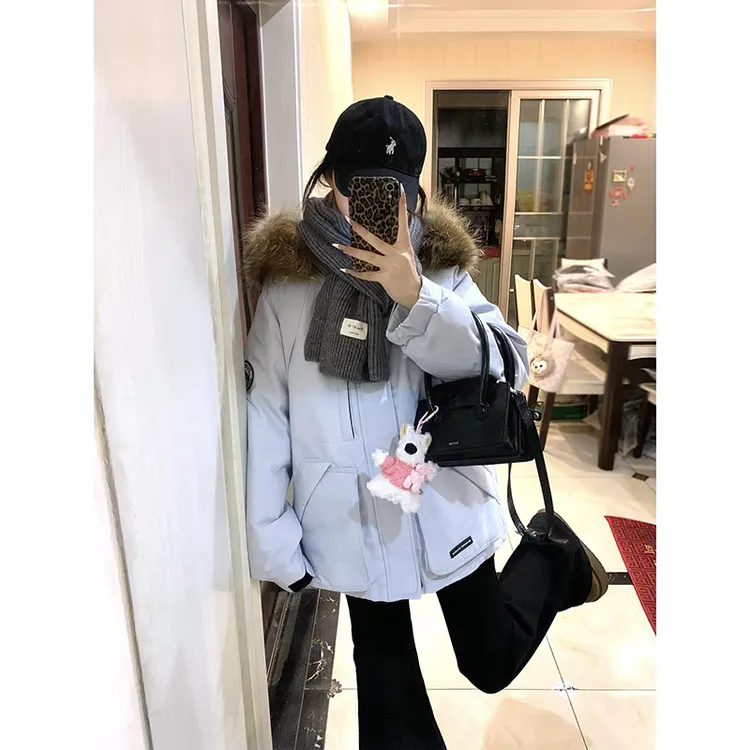 工装派克服毛领棉服女2025年冬季新款加厚蓝色宽松小个子外套上衣