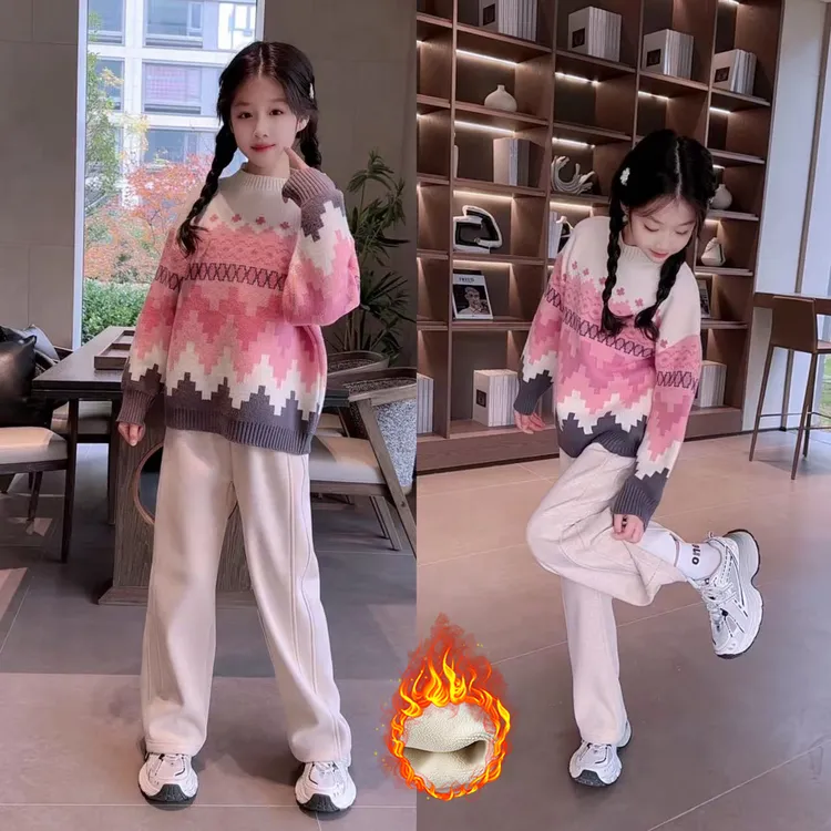 女童毛衣秋冬新款针织套头+加绒裤子两件套儿童中大童9-15岁套装8