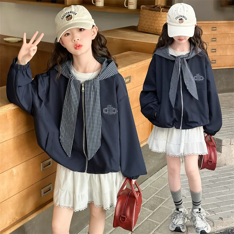 女童外套秋装2025新款休闲格子连帽拉链中大童女孩夹克衫户外衣服