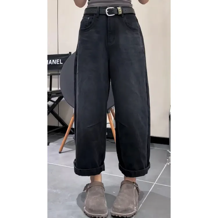 艾塔莉秋季复古百搭牛仔裤常规款中腰显瘦宽松阔腿裤九分裤小个子