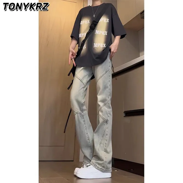 TONYKRZ美式水洗黄泥牛仔裤男小众拼接设计感裤子显瘦直筒微喇裤