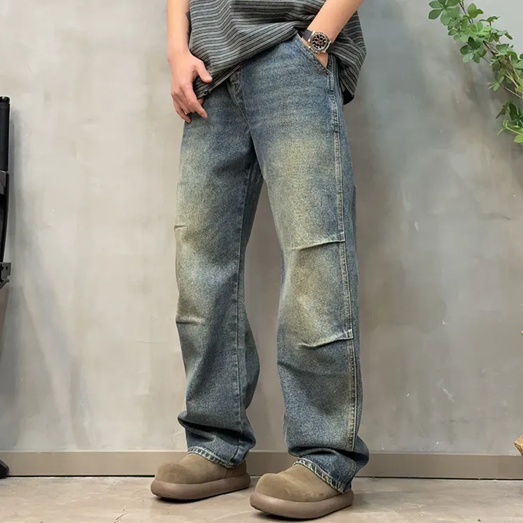 秋冬新款美式复古直筒牛仔裤男厚款宽松拖地裤子水洗做旧休闲裤潮