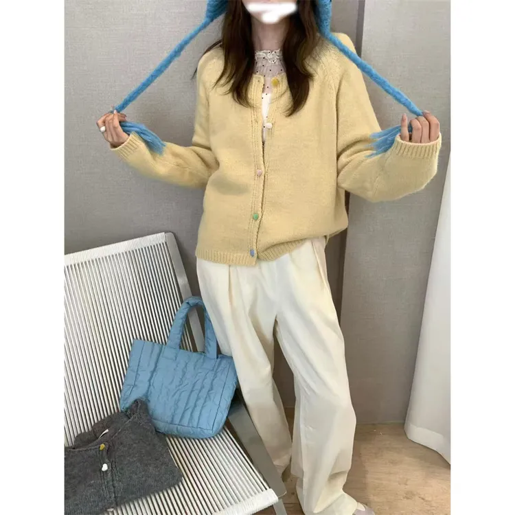 圆领法式彩扣毛衣开衫女2025新款韩版百搭甜美气质针织衫上衣