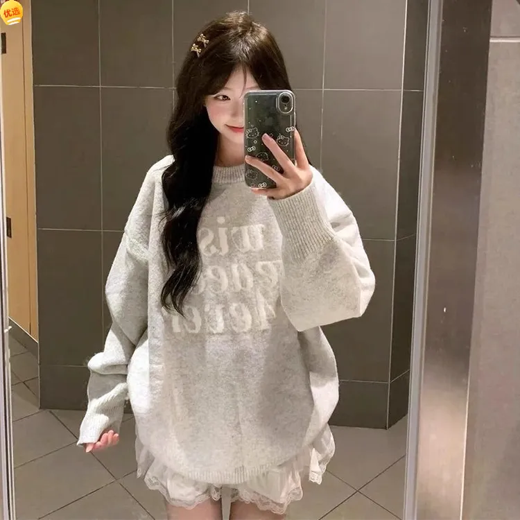 美式复古软糯灰色字母毛衣女秋冬季宽松慵懒风针织衫上衣