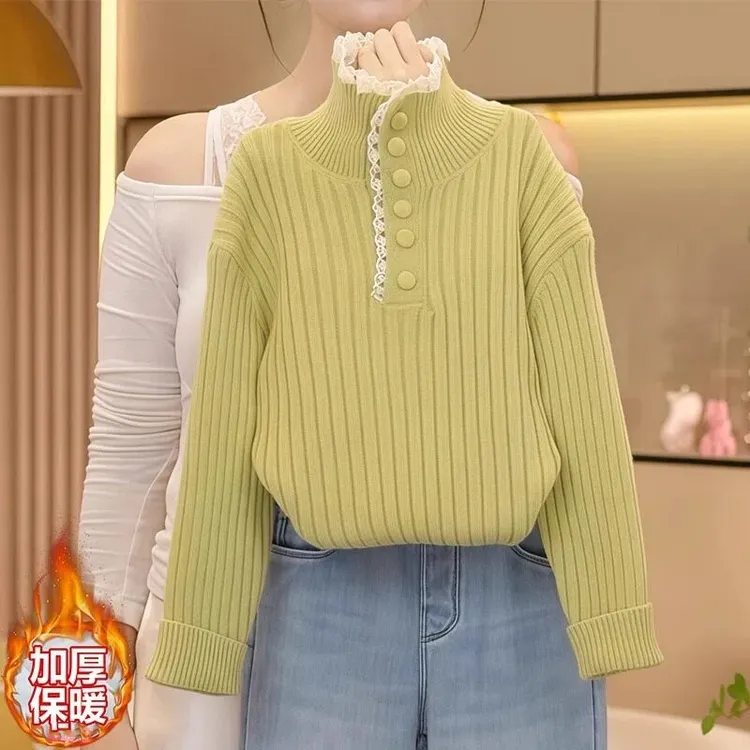 女童加厚半高领毛衣2025新款秋冬款蕾丝花边针织衫内搭保暖打底衫