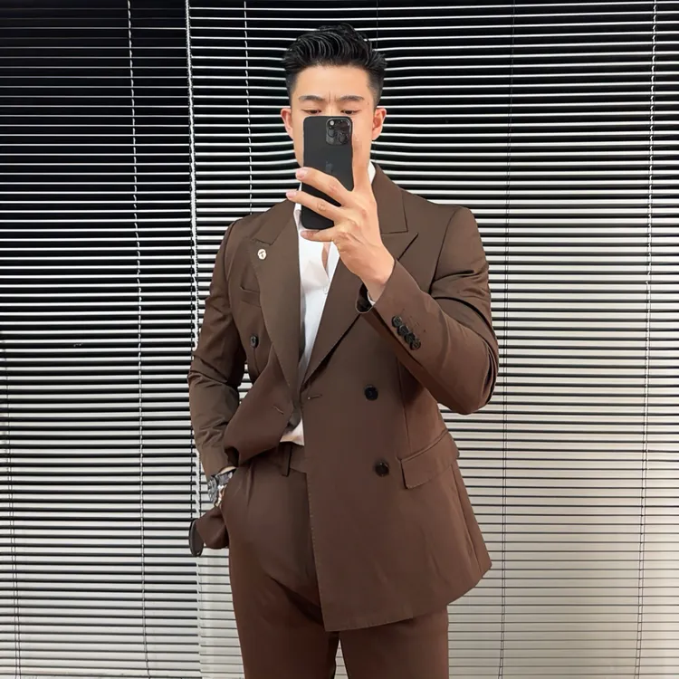 双排扣西服套装戗驳领双排扣西装潮流英伦风商务西服痞帅修身男士