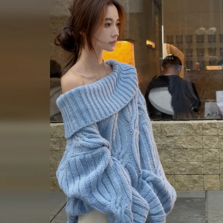 一字肩蓝色针织毛衣女秋冬2026新款爆款慵懒高级感套头宽松厚上衣