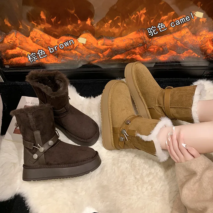 中筒厚底雪地靴2025加绒加厚增高百搭厚底棉鞋两穿翻毛防滑雪地靴