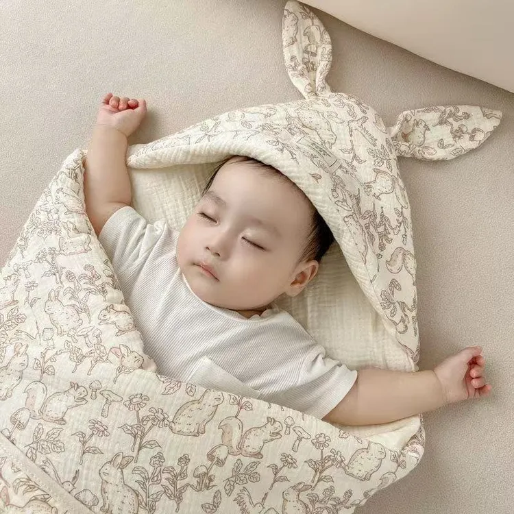 【产房定制抱被】纯棉A类新生儿皱皱纱夹棉带帽婴儿防惊跳抱被