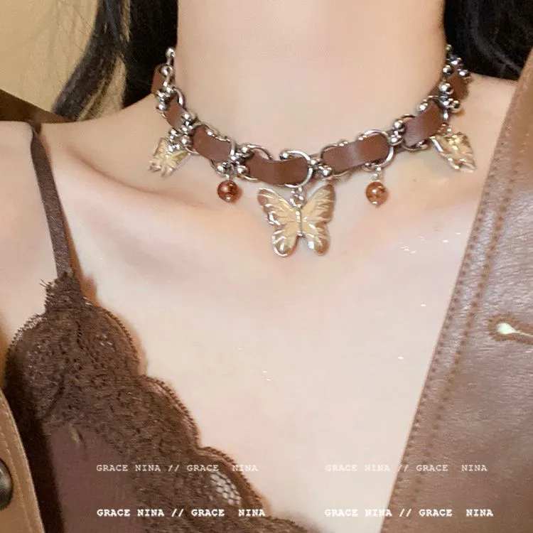 美神降临~棕色皮革蝴蝶项链女小众choker美式辣妹高级复古锁骨链