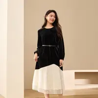 【星空】纤莉秀W大码女装流光风赫本风丝绒拼接连衣裙QK4114