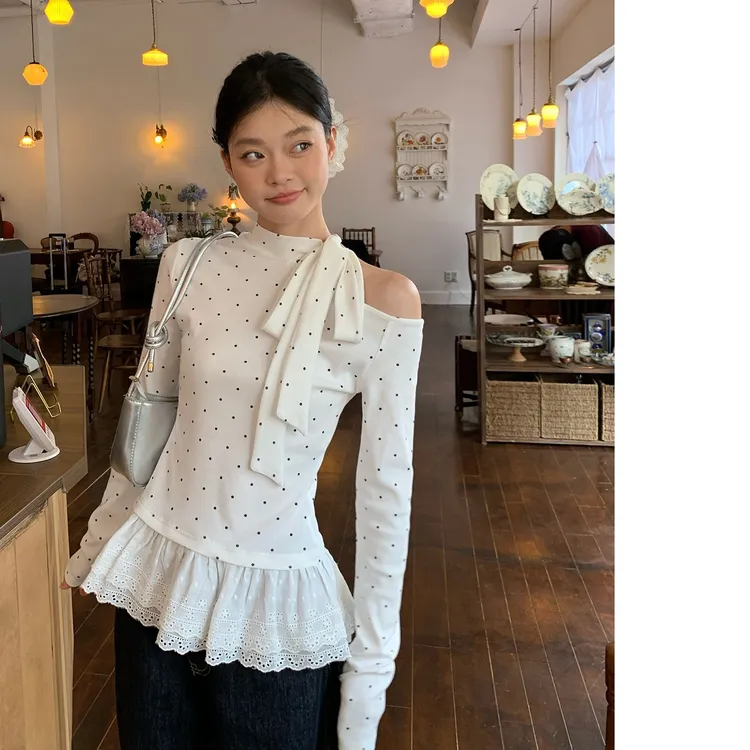260克绑带白色波点露肩打底衫女修身蕾丝花边设计感内搭T恤上衣