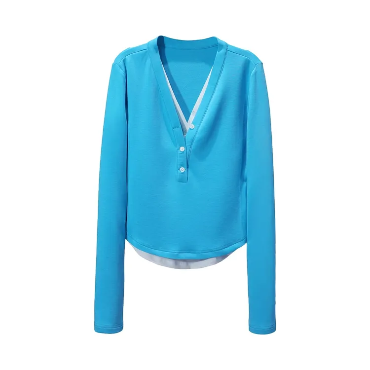 【程二定制】设计师款孔雀蓝撞色拼接深V领长袖上衣6310A显瘦