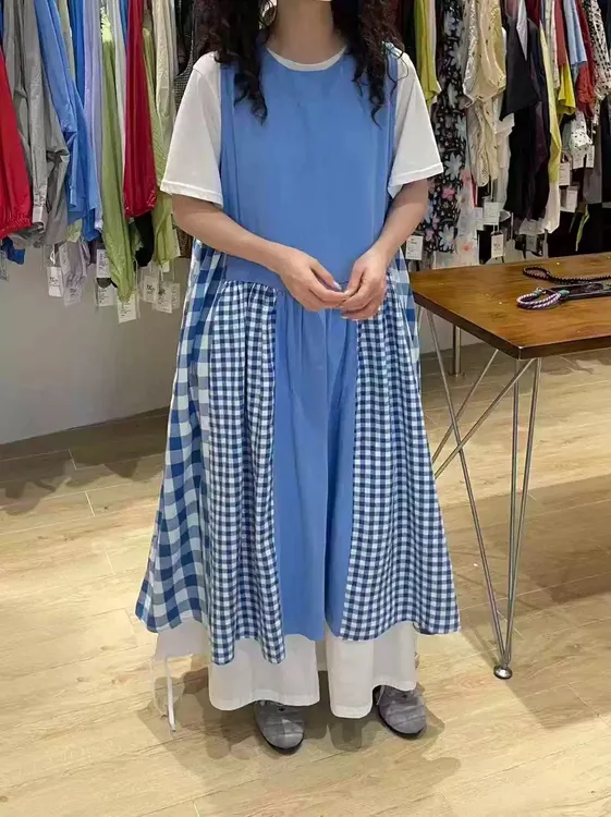 WE女装5193夏季日系宽松大码胖mm休闲慵懒风撞色拼格子无袖连衣裙