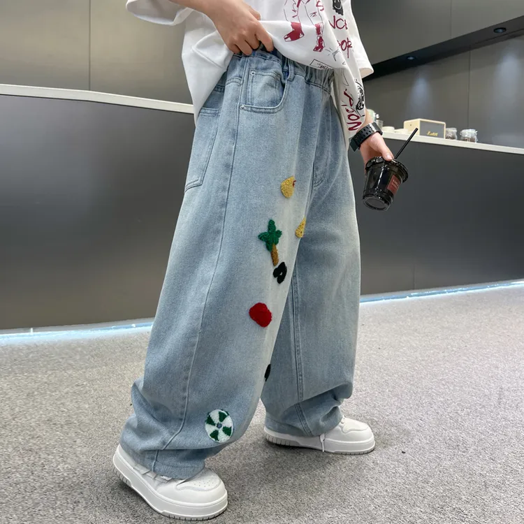 男童裤子春秋款2025新款大儿童牛仔裤秋季阔腿裤毛巾绣长裤炸街潮