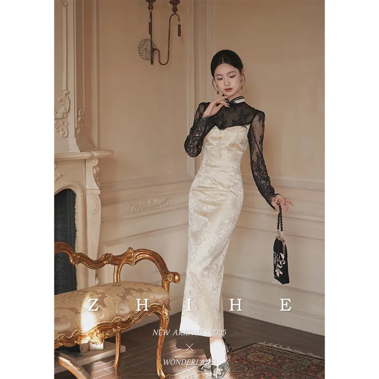 无艳一禾【曼丽】静奢人丝人棉提花拼蕾丝旗袍连衣裙