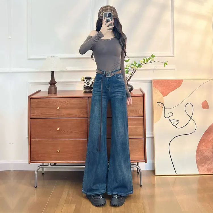 喜绚复古蓝阔腿牛仔裤女春秋夏季2025新款宽松时髦超火喇叭直筒裤