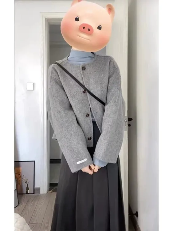 韩系赫本风灰色呢子大衣女2025秋冬新款小个子短款夹棉毛呢外套女