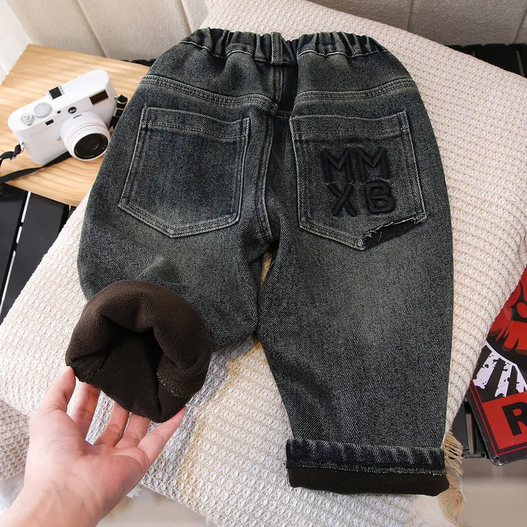 男童加绒一体绒牛仔裤加厚冬季2026新款儿童酷帅裤子宝宝冬装长裤
