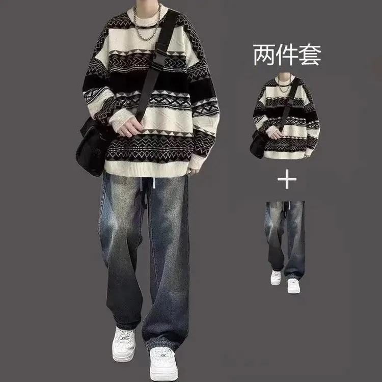 秋冬季撞色条纹针织毛衣男套装宽松慵懒风线衣外套潮流搭配一整套