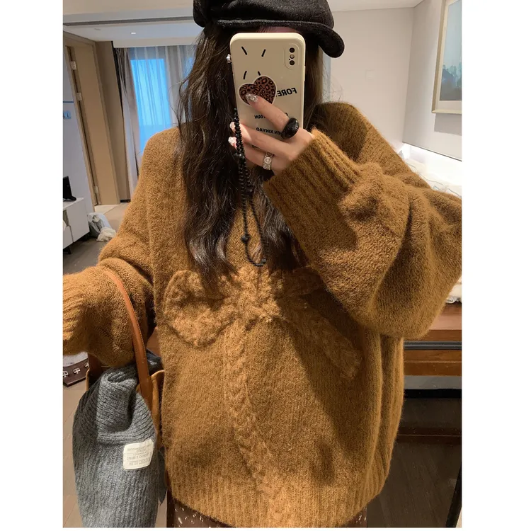 蝴蝶结毛衣女针织衫2025秋冬新款宽松慵懒圆领套头加厚上衣