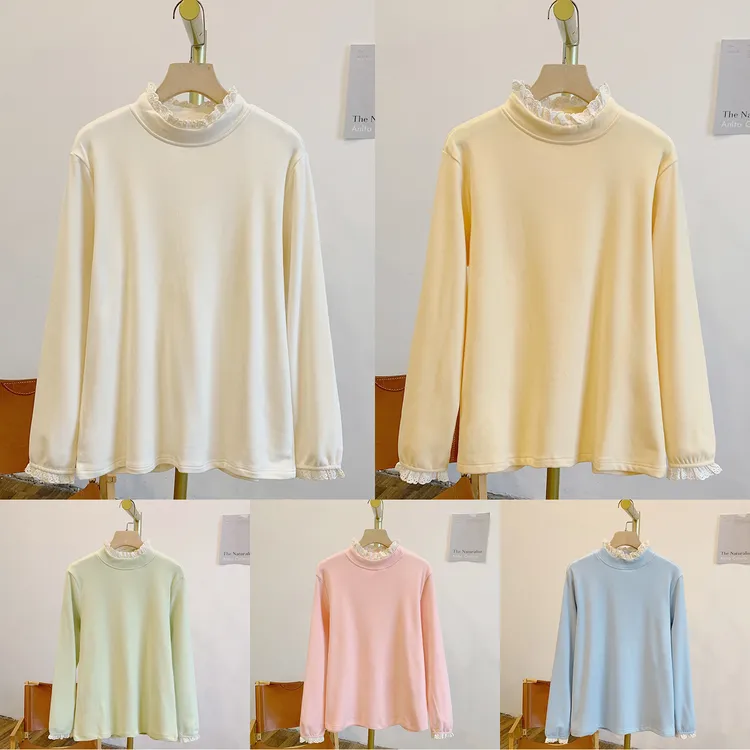 马卡龙C4841磨毛德绒边立领长袖打底T恤