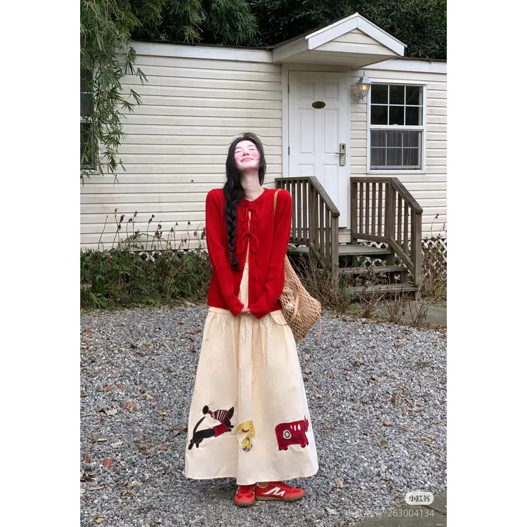 大码女装Row风百搭绑带圆领针织开衫＋复古重工半裙