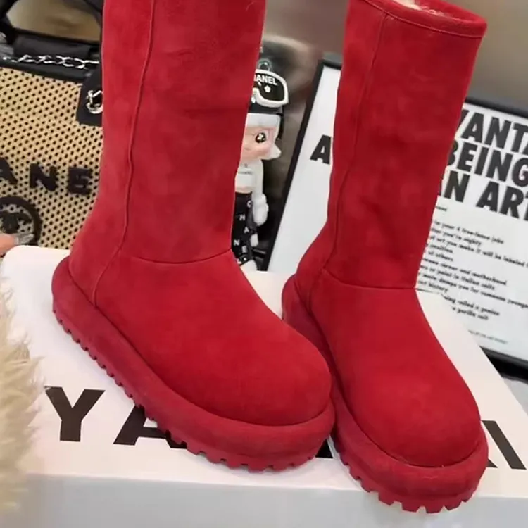 欧货厚底长筒雪地靴女冬季两穿红色靴子2026新款时装靴保暖毛毛靴