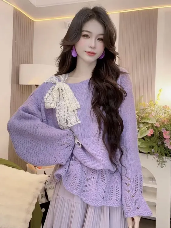 秋季镂空梦幻风薄款软糯针织毛针织衫女温柔宽松显瘦甜美上衣外穿