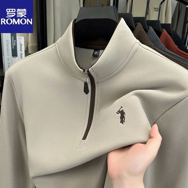 罗蒙男士卫衣半拉链春秋季新款立领刺绣商务休闲纯色打底衫T恤男